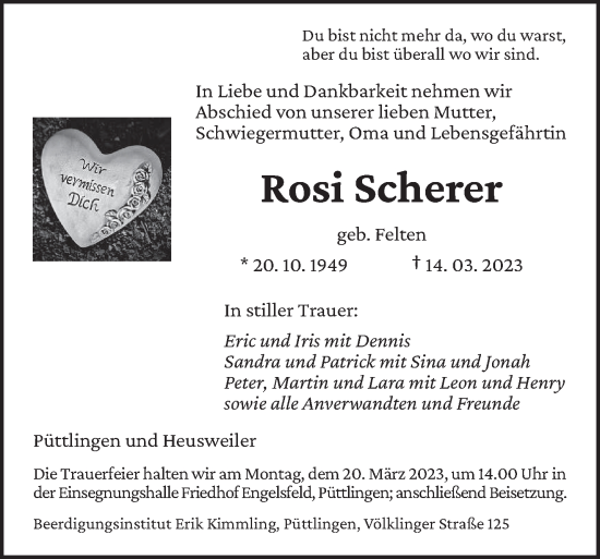 Todesanzeige von Rosi Scherer von saarbruecker_zeitung