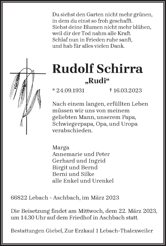 Todesanzeige von Rudolf Schirra von saarbruecker_zeitung