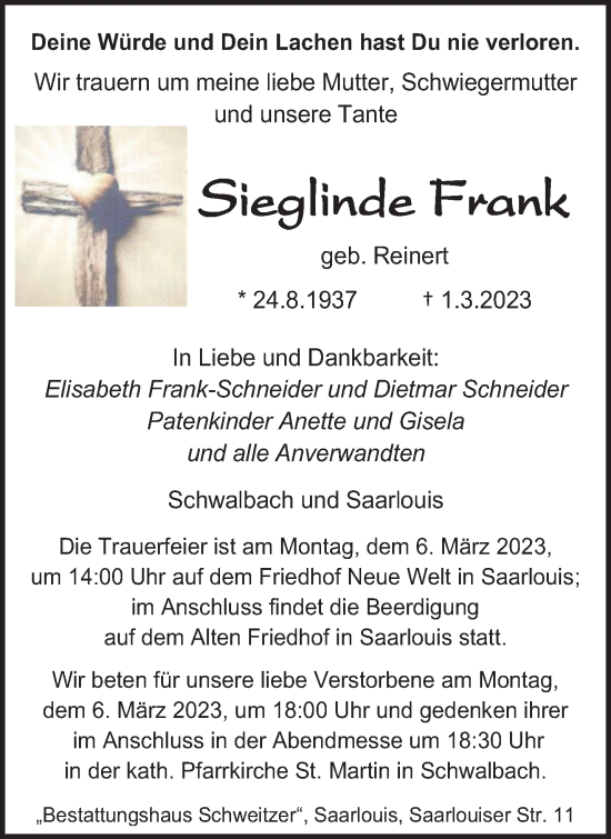 Todesanzeige von Sieglinde Frank von saarbruecker_zeitung