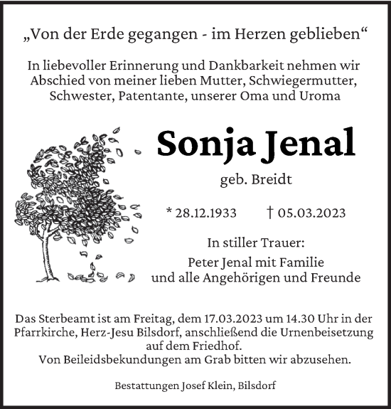 Todesanzeige von Sonja Jenal von saarbruecker_zeitung