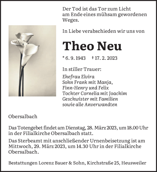 Todesanzeige von Theo Neu von saarbruecker_zeitung