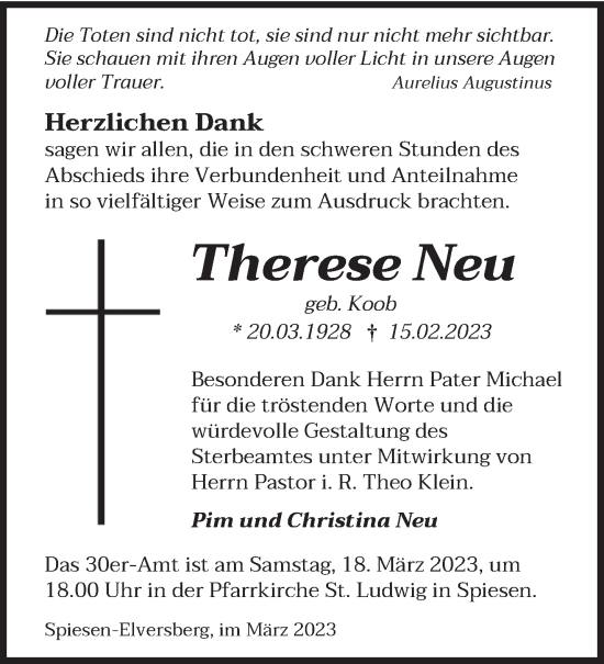 Todesanzeige von Therese Neu von saarbruecker_zeitung