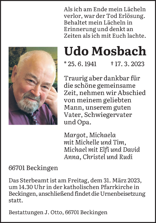 Todesanzeige von Udo Mosbach von saarbruecker_zeitung