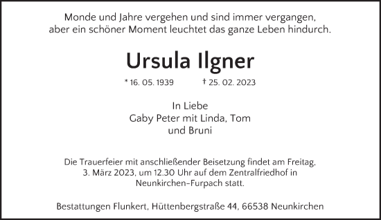 Todesanzeige von Ursula Ilgner von saarbruecker_zeitung