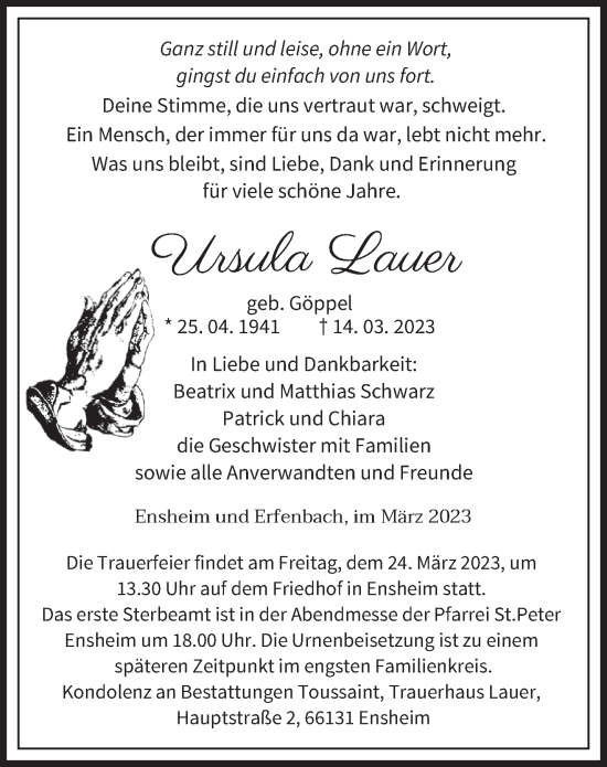 Todesanzeige von Ursula Lauer von saarbruecker_zeitung