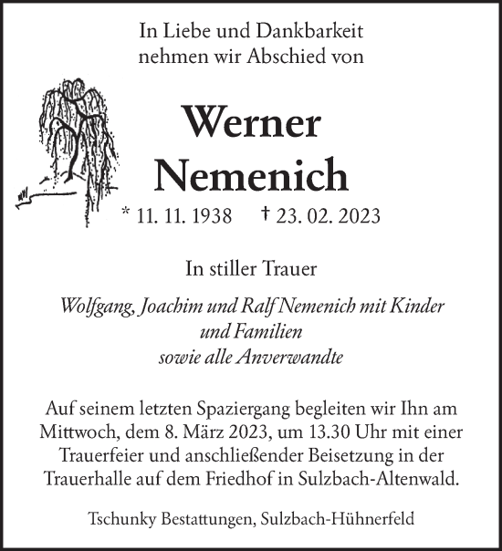 Todesanzeige von Werner Nemenich von saarbruecker_zeitung