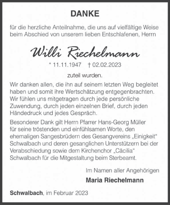 Todesanzeige von Willi Riechelmann von saarbruecker_zeitung
