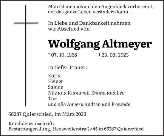 Todesanzeige von Wolfgang Altmeyer von saarbruecker_zeitung