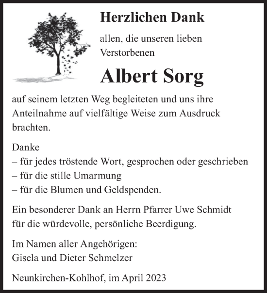 Todesanzeige von Albert Sorg von saarbruecker_zeitung