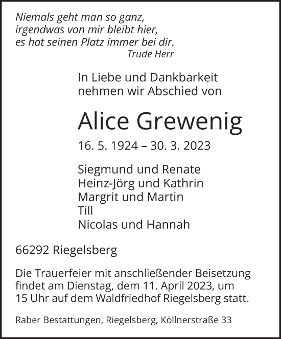 Todesanzeige von Alice Grewenig von saarbruecker_zeitung