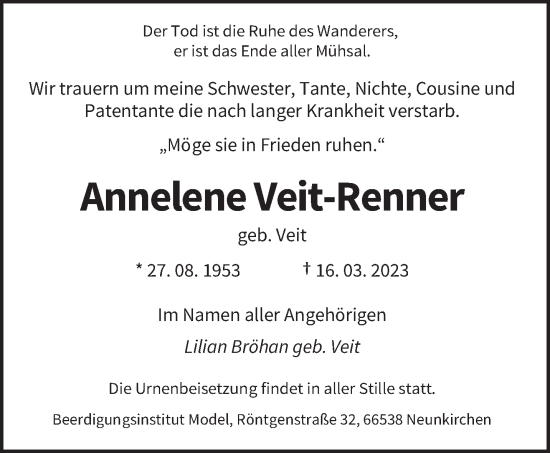 Todesanzeige von Annelene Veit-Renner von saarbruecker_zeitung