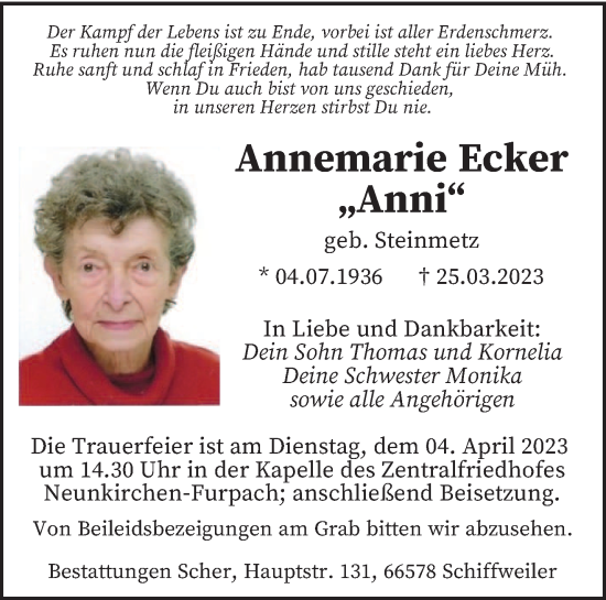 Todesanzeige von Annemarie Ecker von saarbruecker_zeitung