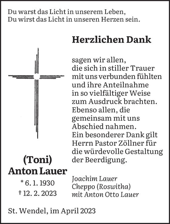 Todesanzeige von Anton Lauer von saarbruecker_zeitung