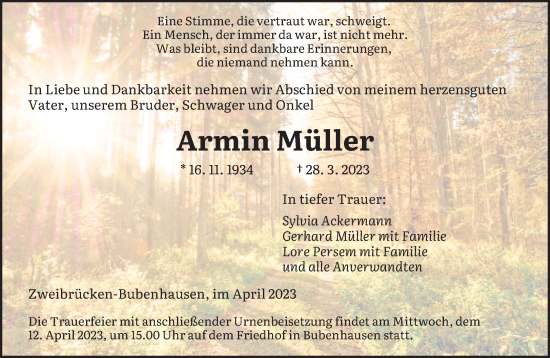 Todesanzeige von Armin Müller von saarbruecker_zeitung