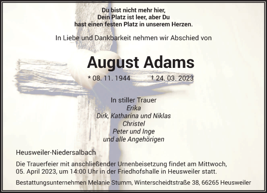 Todesanzeige von August Adams von saarbruecker_zeitung