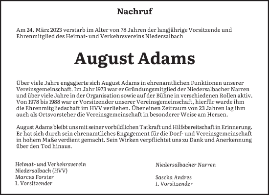 Todesanzeige von August Adams von saarbruecker_zeitung