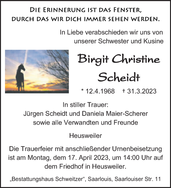 Todesanzeige von Birgit Christine Scheidt von saarbruecker_zeitung