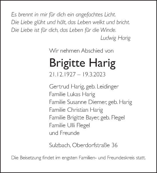 Todesanzeige von Brigitte Harig von saarbruecker_zeitung