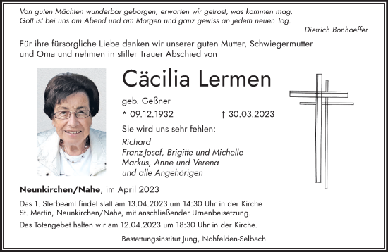 Todesanzeige von Cäcilia Lermen von saarbruecker_zeitung
