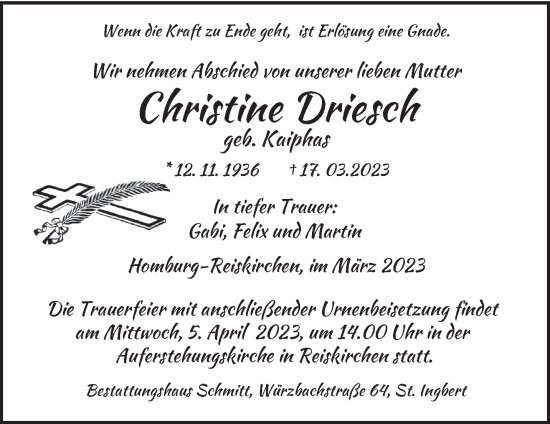 Todesanzeige von Christine Driesch von saarbruecker_zeitung