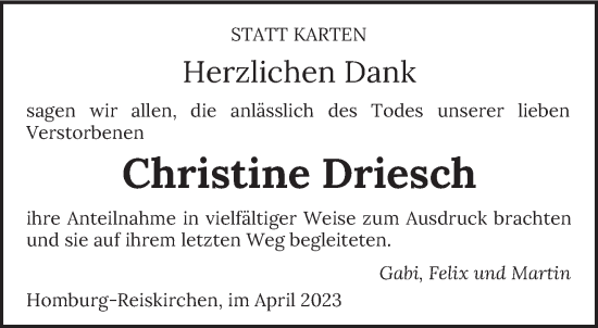 Todesanzeige von Christine Driesch von saarbruecker_zeitung