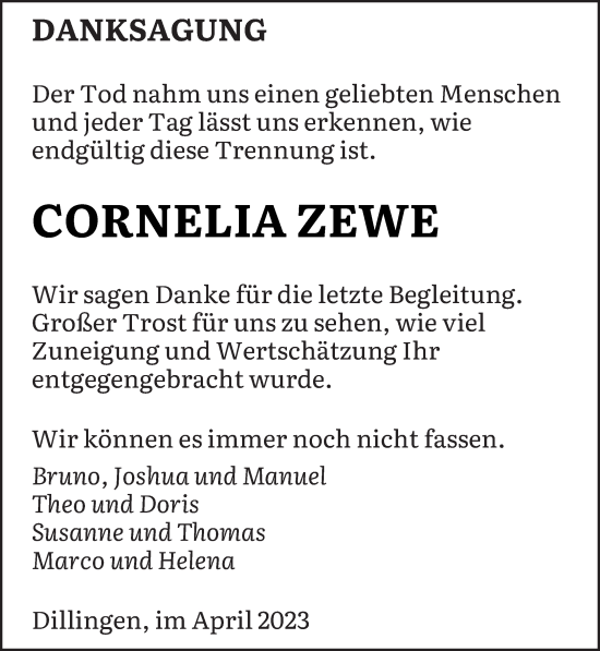 Todesanzeige von Cornelia Zewe von saarbruecker_zeitung