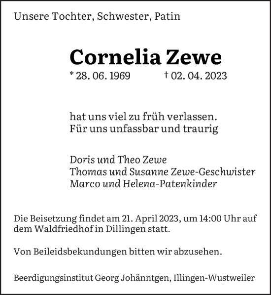 Todesanzeige von Cornelia Zewe von saarbruecker_zeitung
