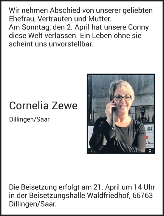 Todesanzeige von Cornelia Zewe von saarbruecker_zeitung