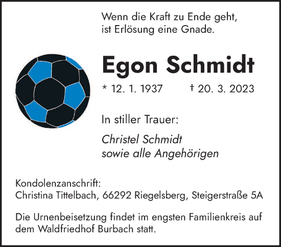 Todesanzeige von Egon Schmidt von saarbruecker_zeitung