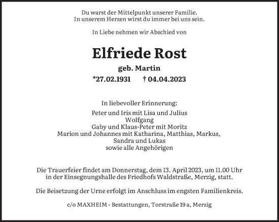 Todesanzeige von Elfriede Rost von saarbruecker_zeitung