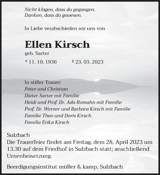 Todesanzeige von Ellen Kirsch von saarbruecker_zeitung