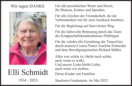 Todesanzeige von Elli Schmidt von saarbruecker_zeitung