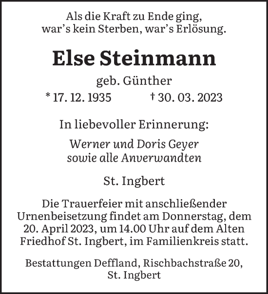 Todesanzeige von Else Steinmann von saarbruecker_zeitung