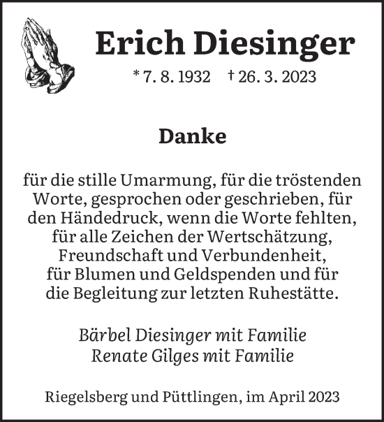 Todesanzeige von Erich Diesinger von saarbruecker_zeitung
