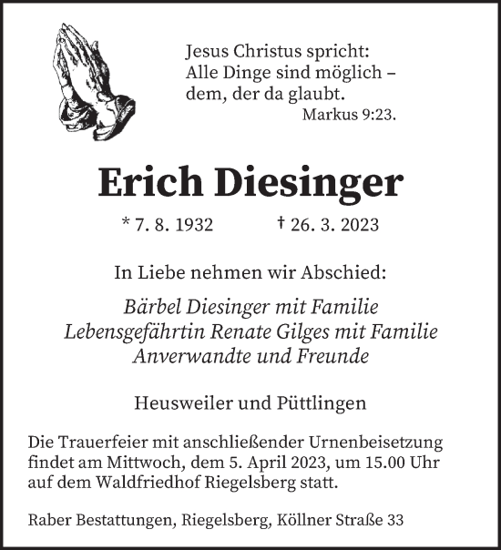Todesanzeige von Erich Diesinger von saarbruecker_zeitung