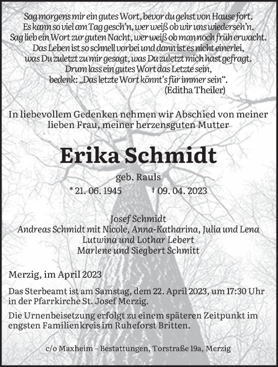 Todesanzeige von Erika Schmidt von saarbruecker_zeitung