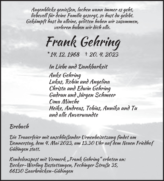 Todesanzeige von Frank Gehring von saarbruecker_zeitung