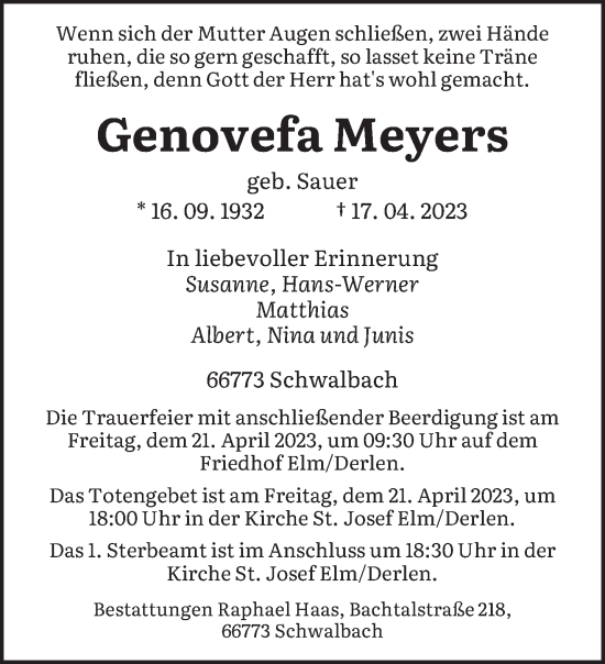 Todesanzeige von Genovefa Meyers von saarbruecker_zeitung