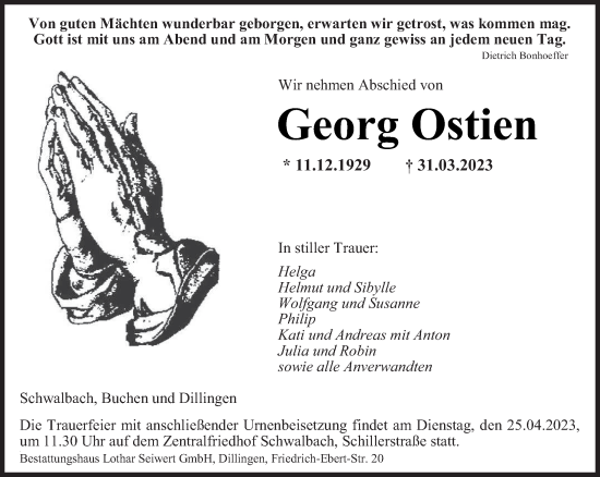 Todesanzeige von Georg Ostien von saarbruecker_zeitung