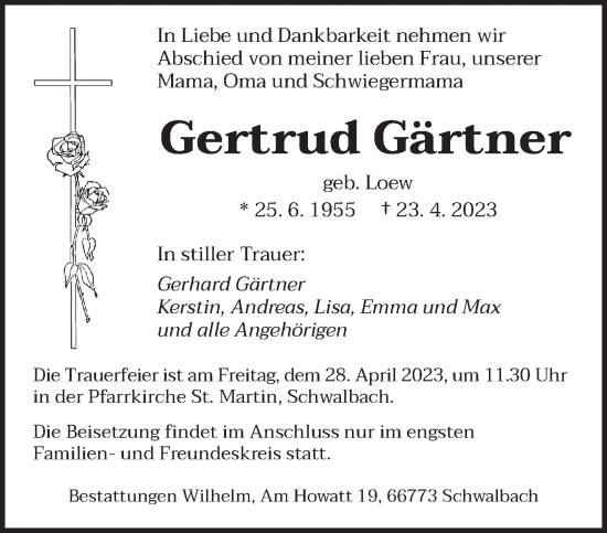Todesanzeige von Gertrud Gärtner von saarbruecker_zeitung