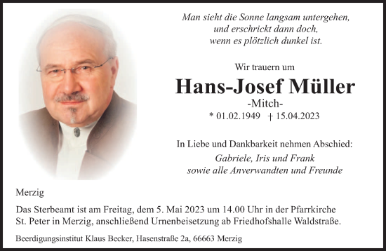 Todesanzeige von Hans-Josef Müller von saarbruecker_zeitung