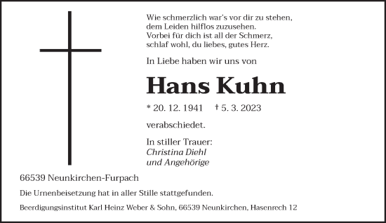 Todesanzeige von Hans Kuhn von saarbruecker_zeitung