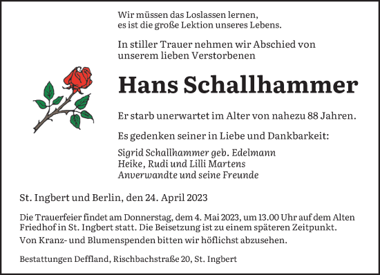 Todesanzeige von Hans Schallhammer von saarbruecker_zeitung
