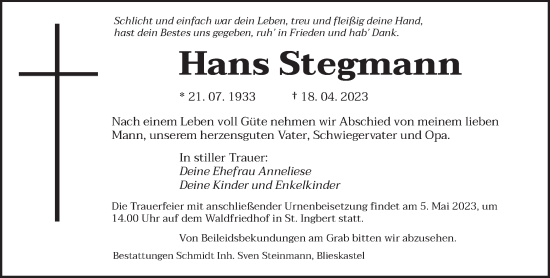 Todesanzeige von Hans Stegmann von saarbruecker_zeitung