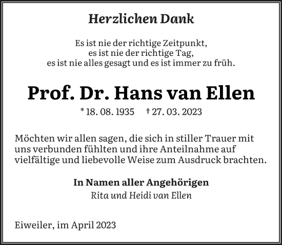 Todesanzeige von Hans van Ellen von saarbruecker_zeitung