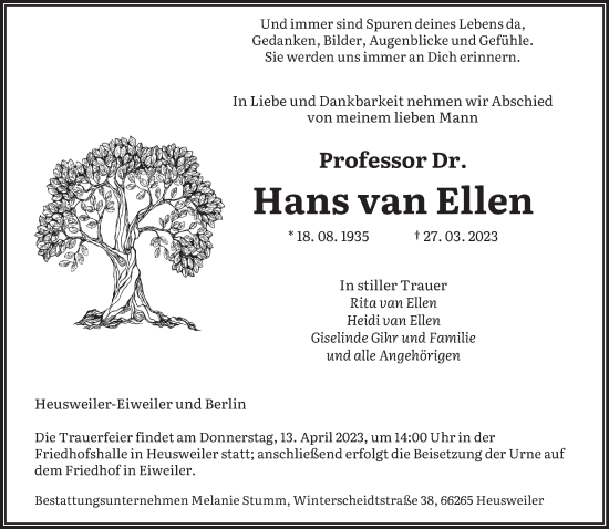Todesanzeige von Hans van Ellen von saarbruecker_zeitung