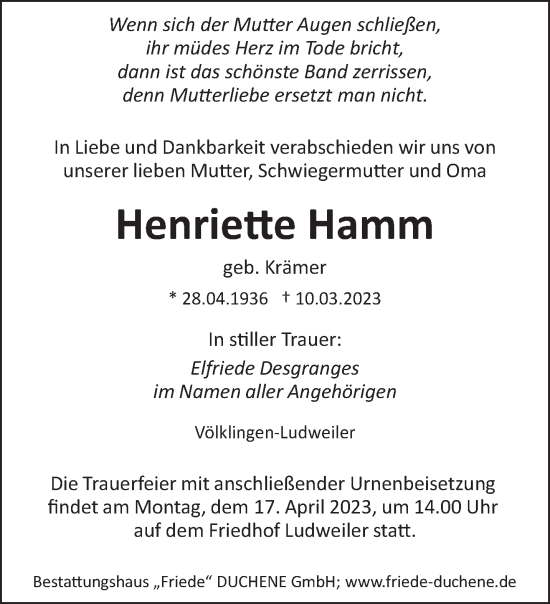 Todesanzeige von Henriette Hamm von saarbruecker_zeitung