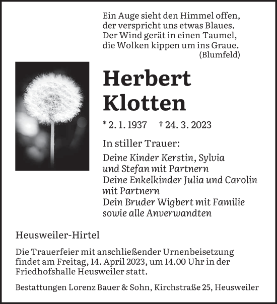 Todesanzeige von Herbert Klotten von saarbruecker_zeitung