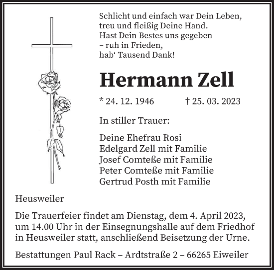 Todesanzeige von Hermann Zell von saarbruecker_zeitung