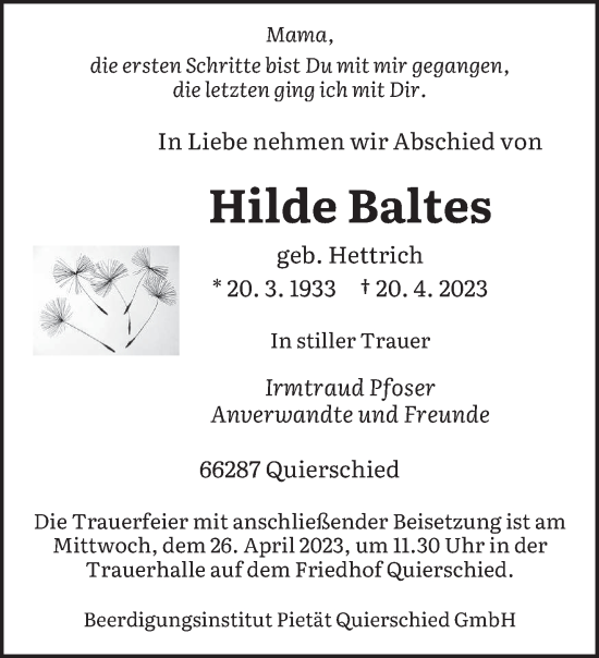 Todesanzeige von Hilde Baltes von saarbruecker_zeitung